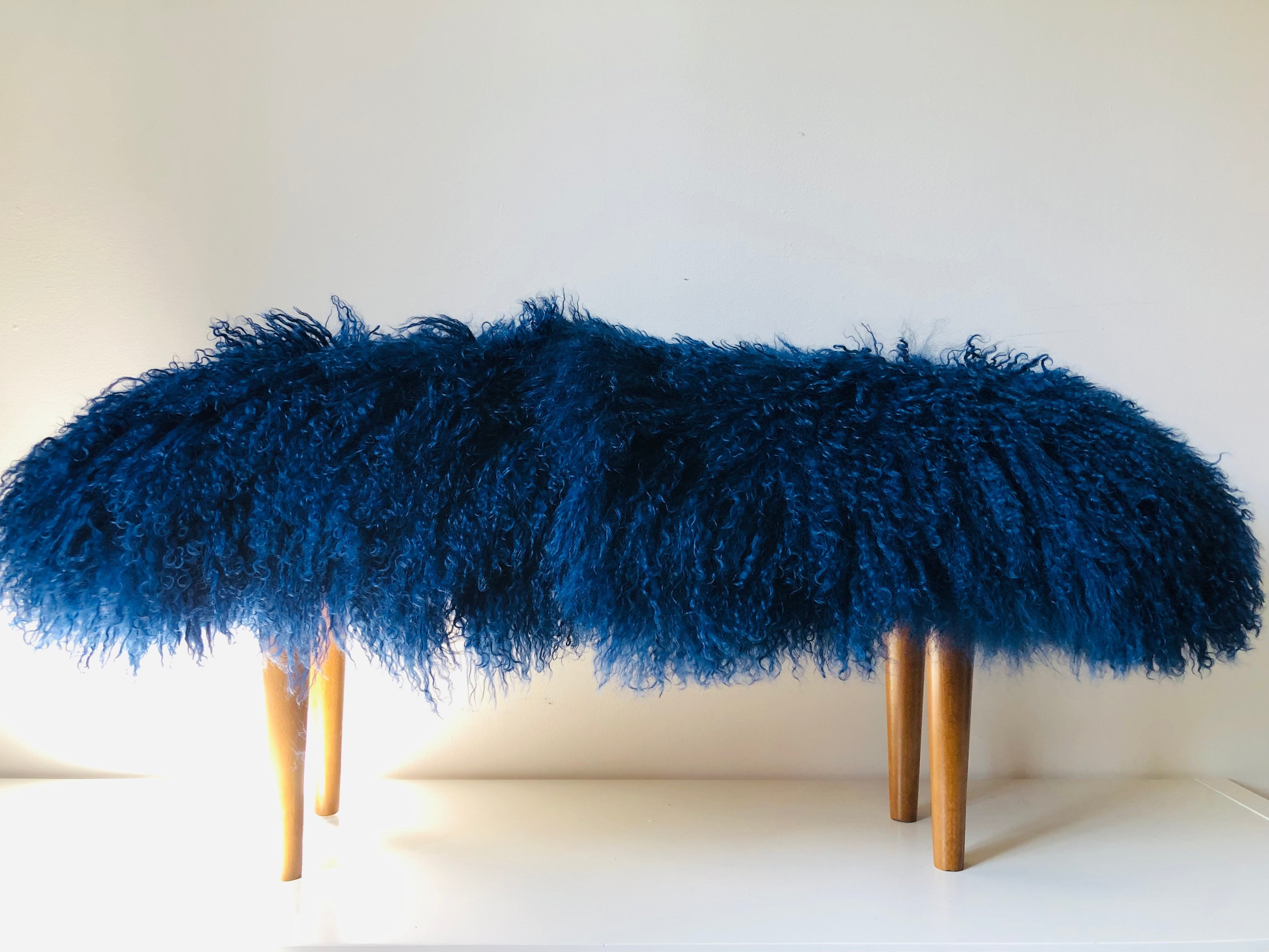 Large Mongolian Fur Bench with Wood