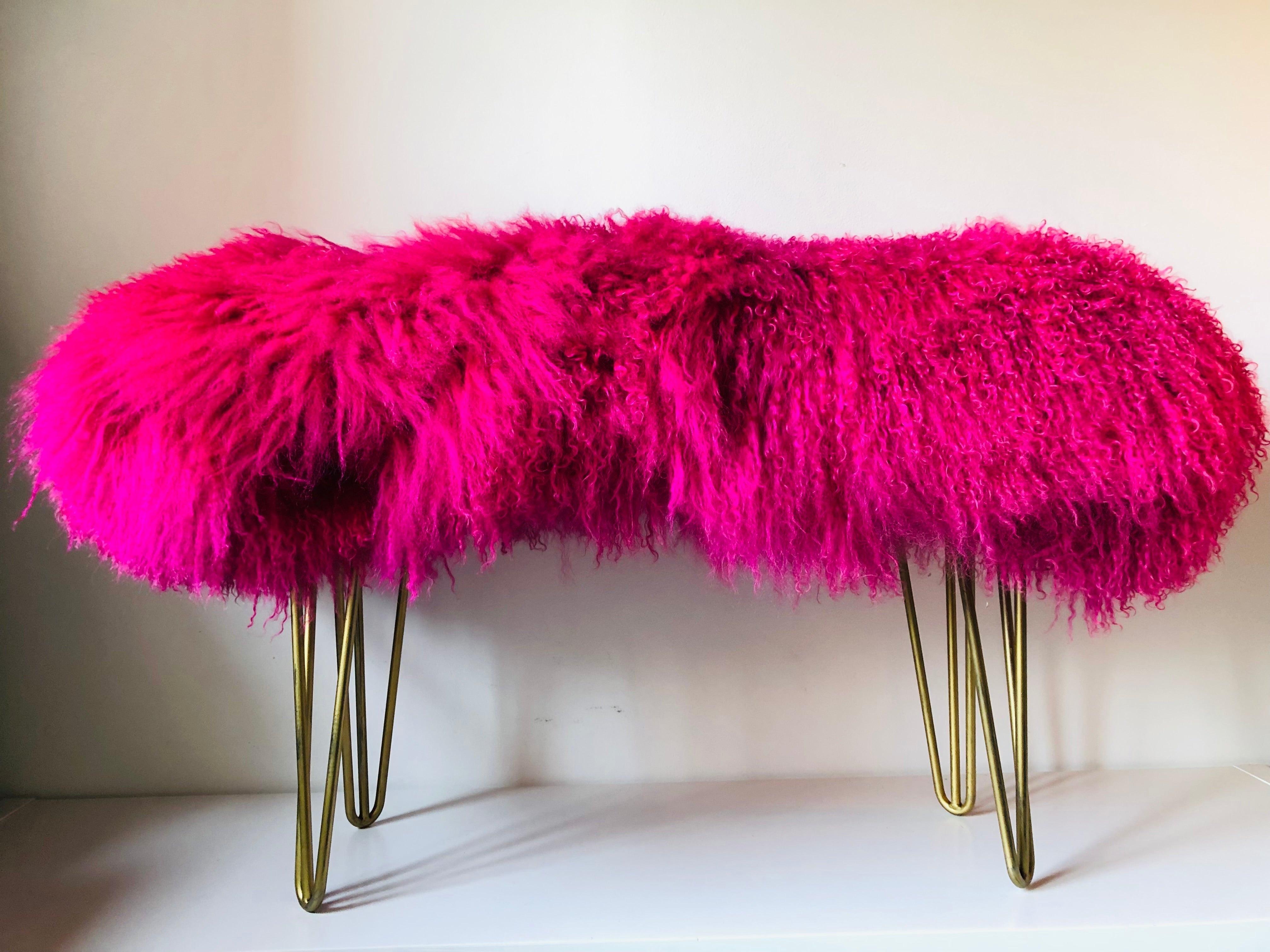 Large Mongolian Fur Bench with Metal