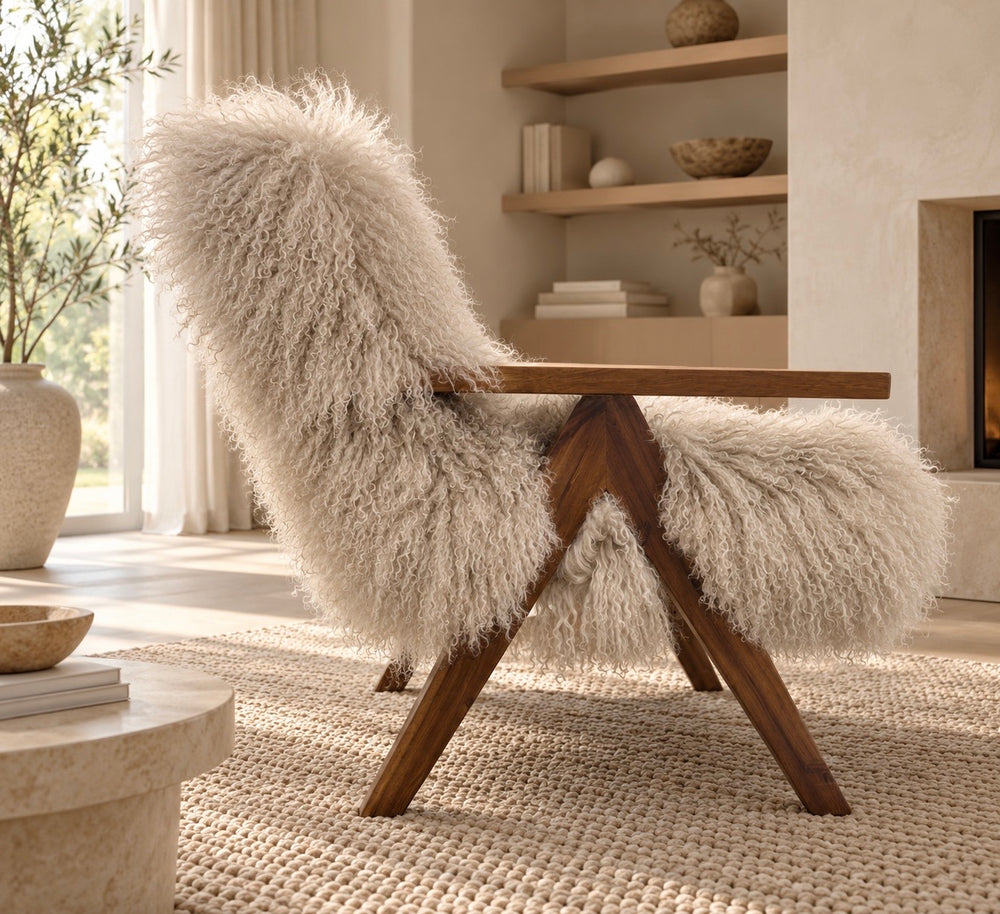 Side view of oyster Mongolian fur lounge chair showing angled solid wood legs and arm