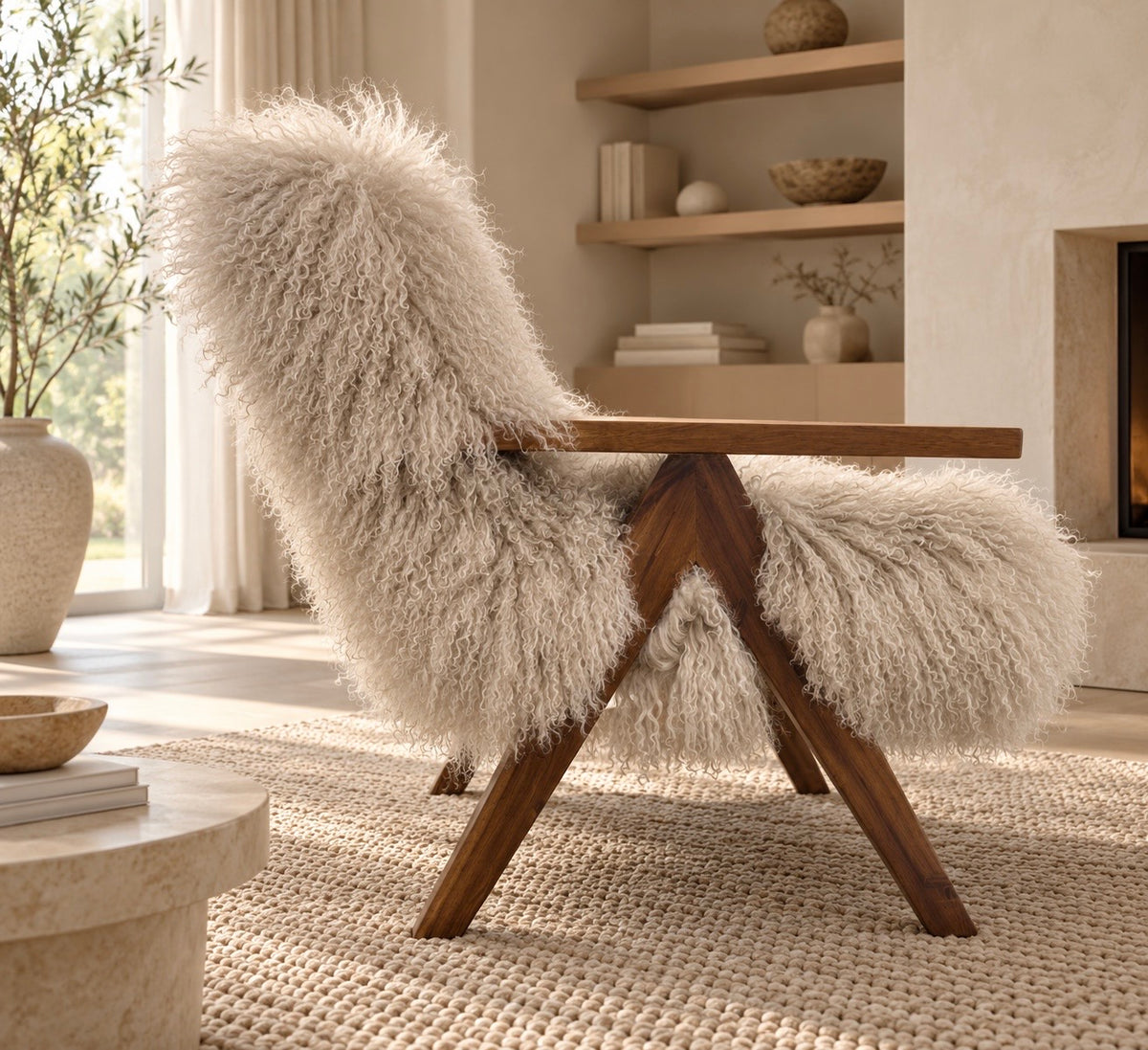 Side view of oyster Mongolian fur lounge chair showing angled solid wood legs and arm