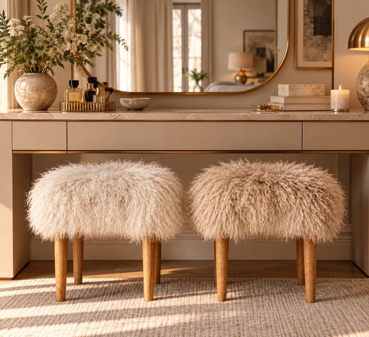 Pair of handmade Mongolian fur footstools in natural and almond on sand oak legs beneath a dressing table