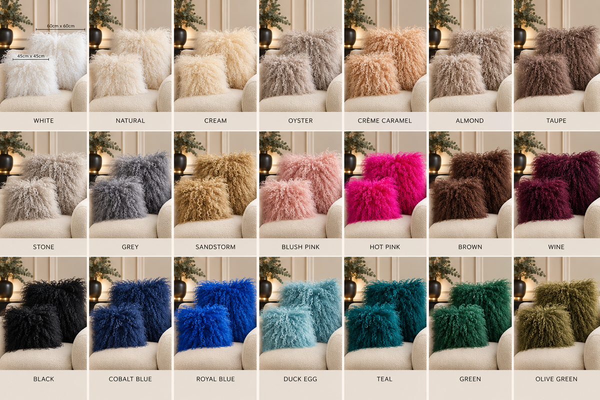 Design & Hyde Mongolian fur cushions in all 21 shades, 45cm and 60cm