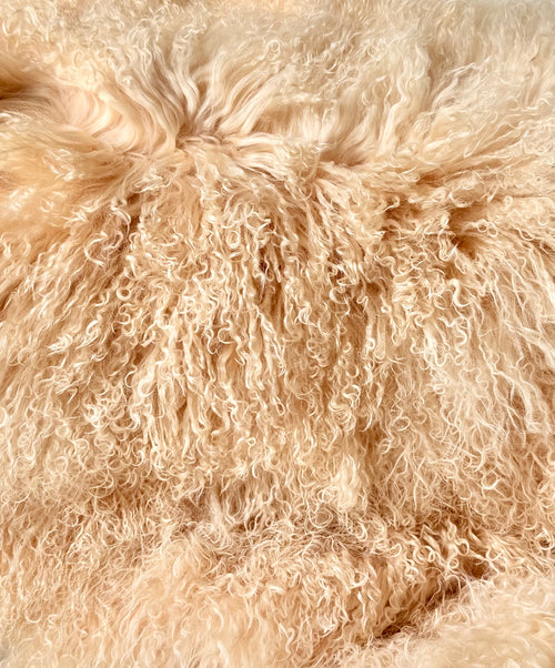 Handmade Mongolian fur sample swatch in creme caramel, close-up of the curly fur