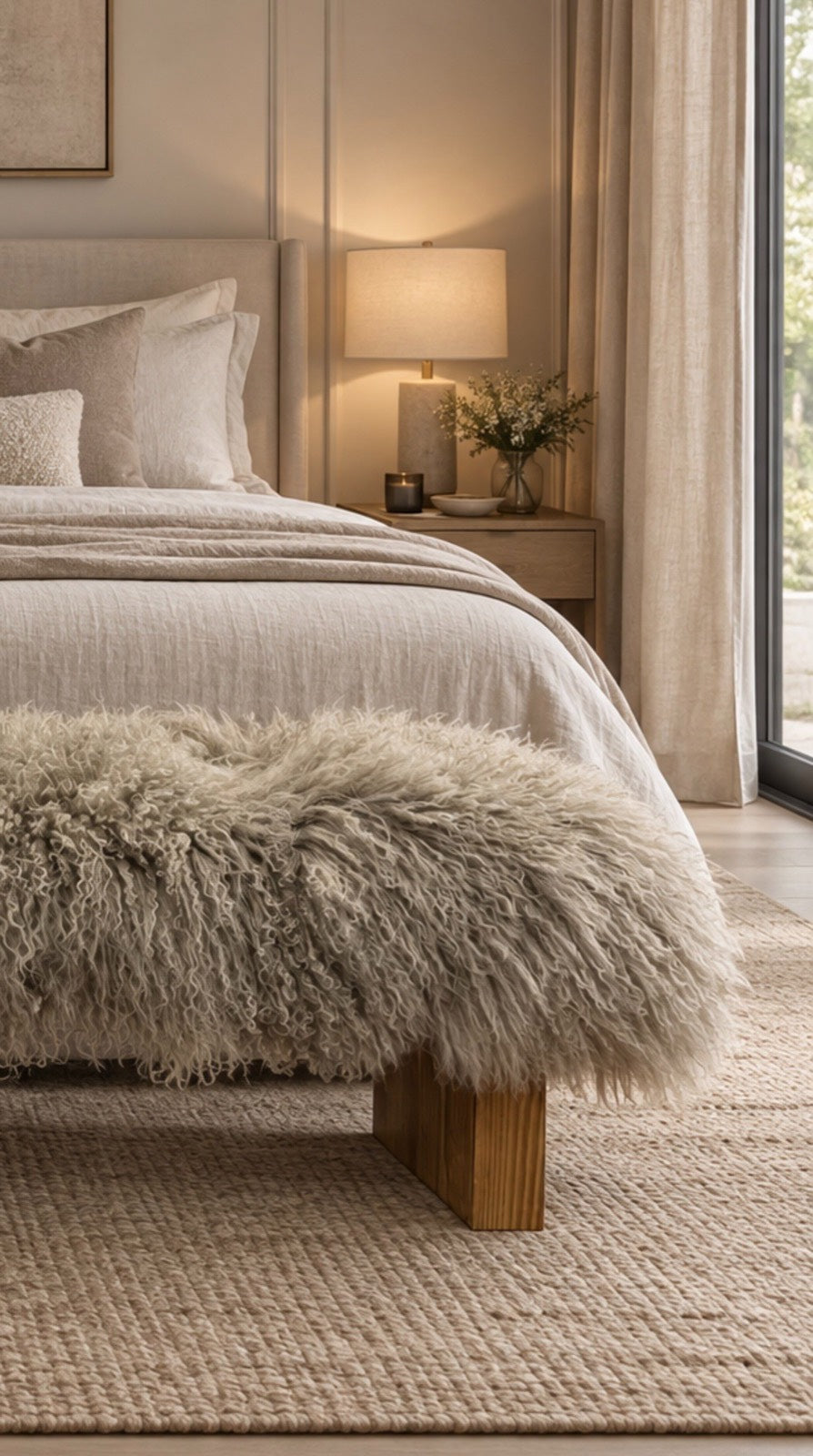 Close-up of a handmade Mongolian fur bench in soft almond on a solid wood block leg, at the foot of a neutral bed