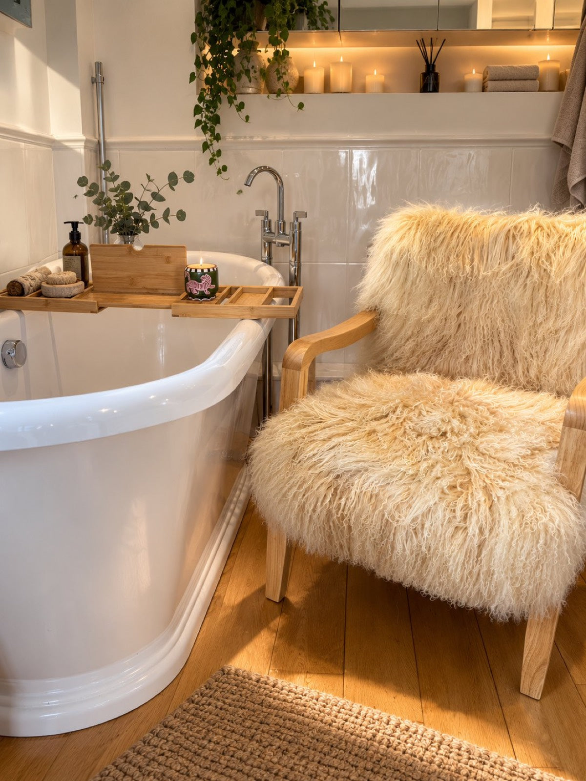 Handmade creme caramel Mongolian fur accent chair with light wood frame beside a freestanding bath