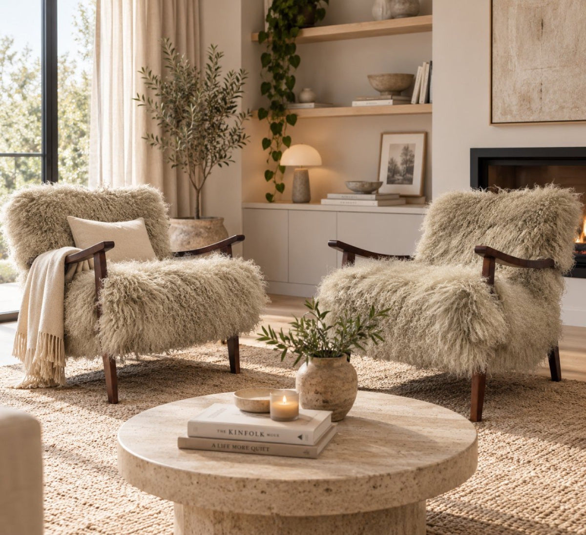 Pair of handmade almond Mongolian fur accent chairs with walnut frames in a living room