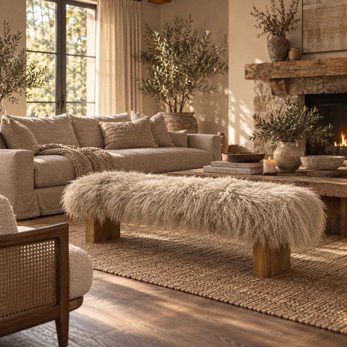 Handmade almond Mongolian fur double block leg bench on medium oak legs in a living room by the fire