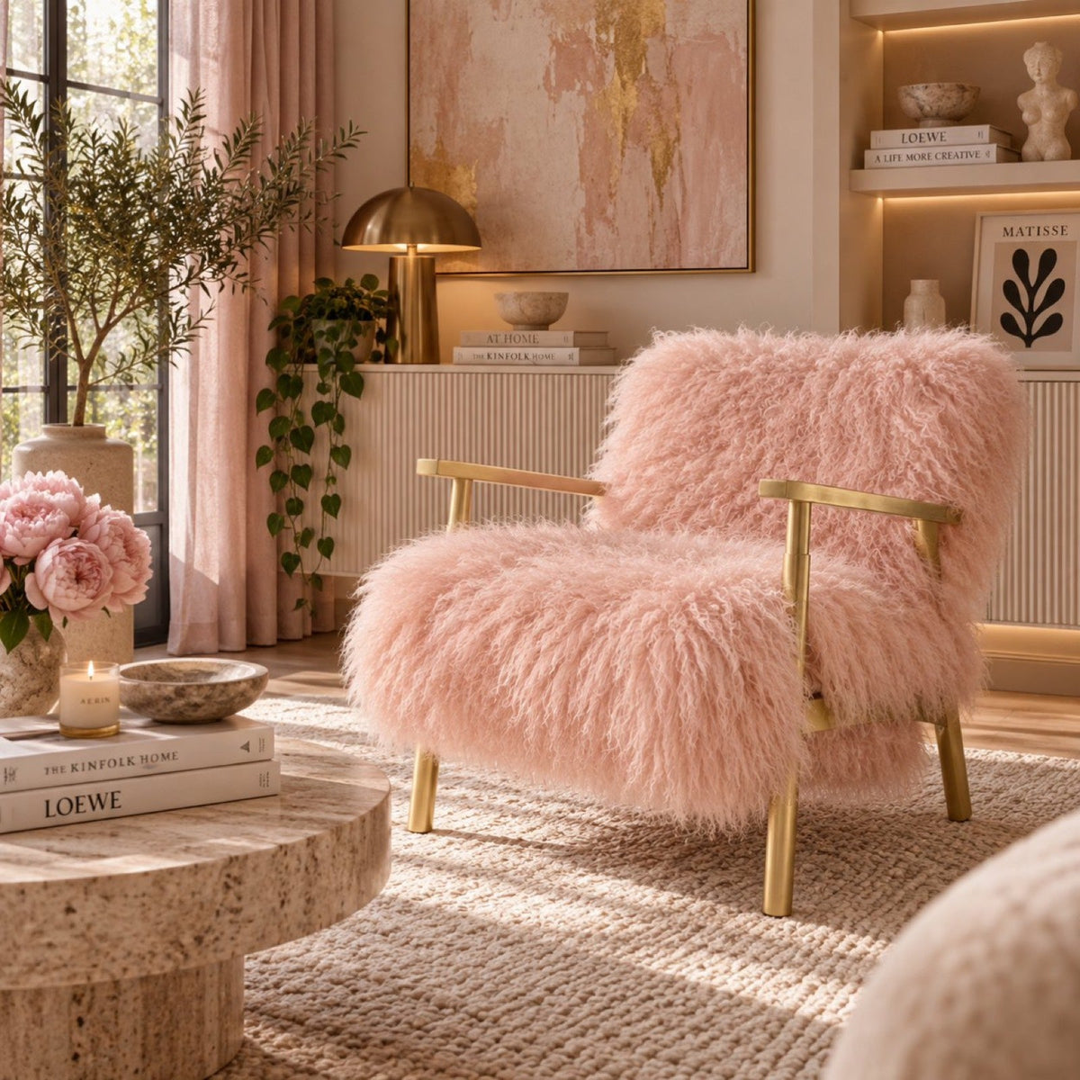 Handmade blush pink Mongolian fur accent chair with gold frame in a pink living room