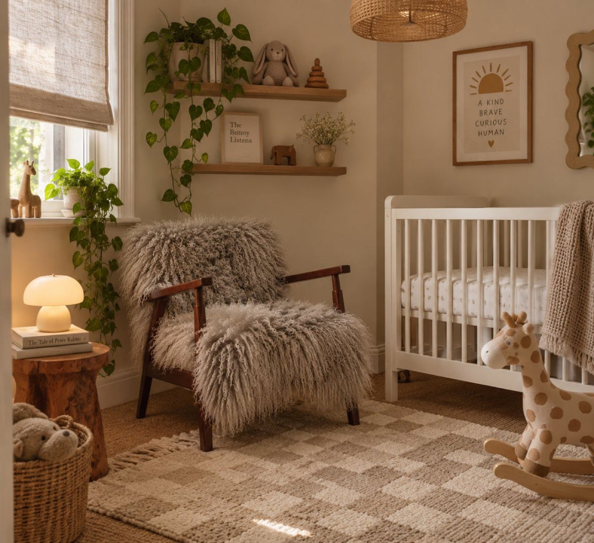 Handmade grey Mongolian fur accent chair in a nursery, a cosy feeding chair