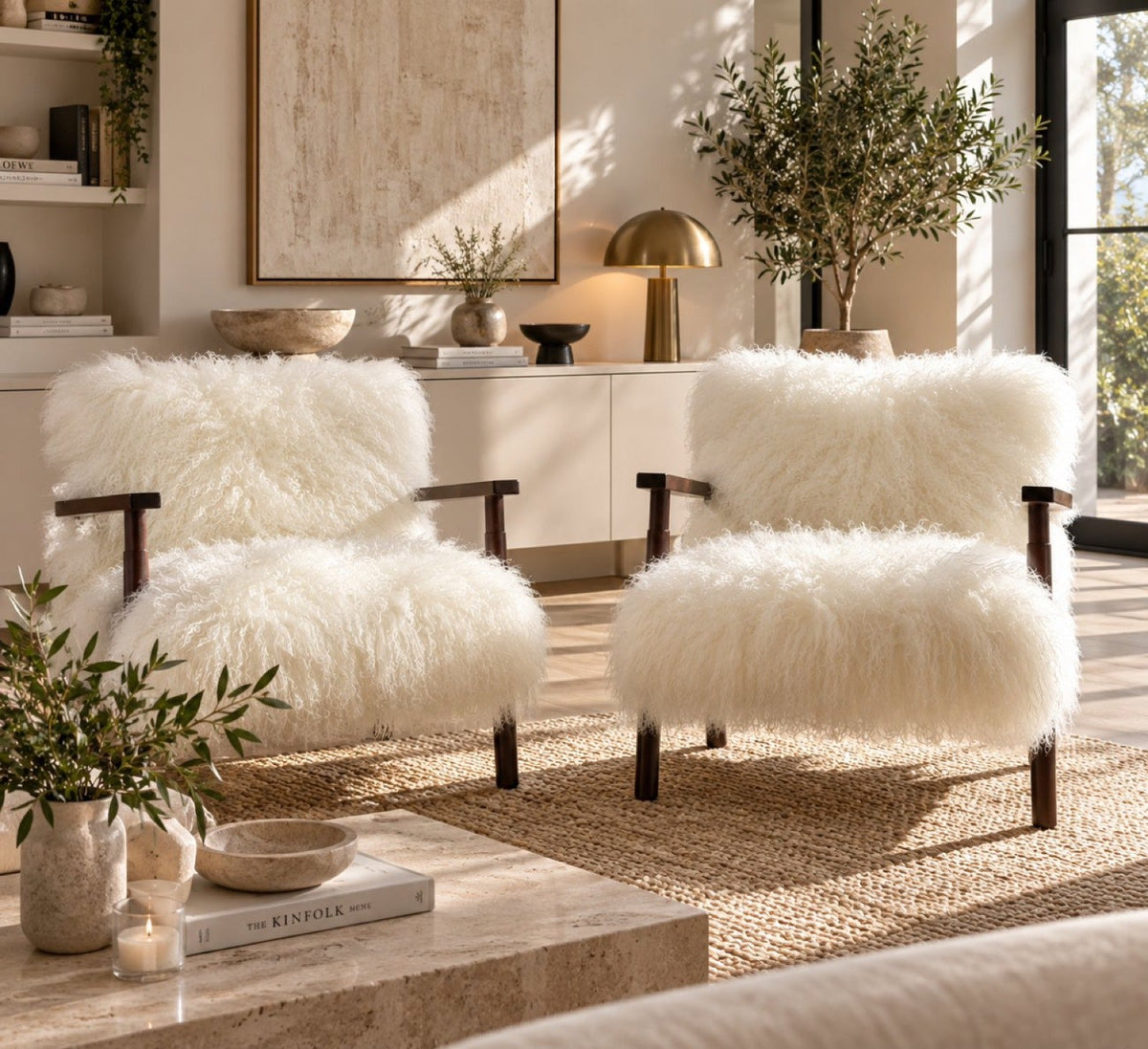 Pair of handmade white Mongolian fur accent chairs with walnut frames in a bright living room