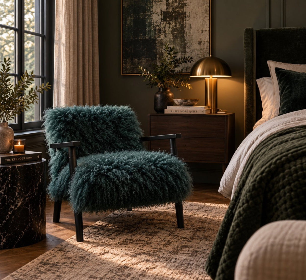Handmade teal Mongolian fur accent chair with black wood frame in a dark bedroom