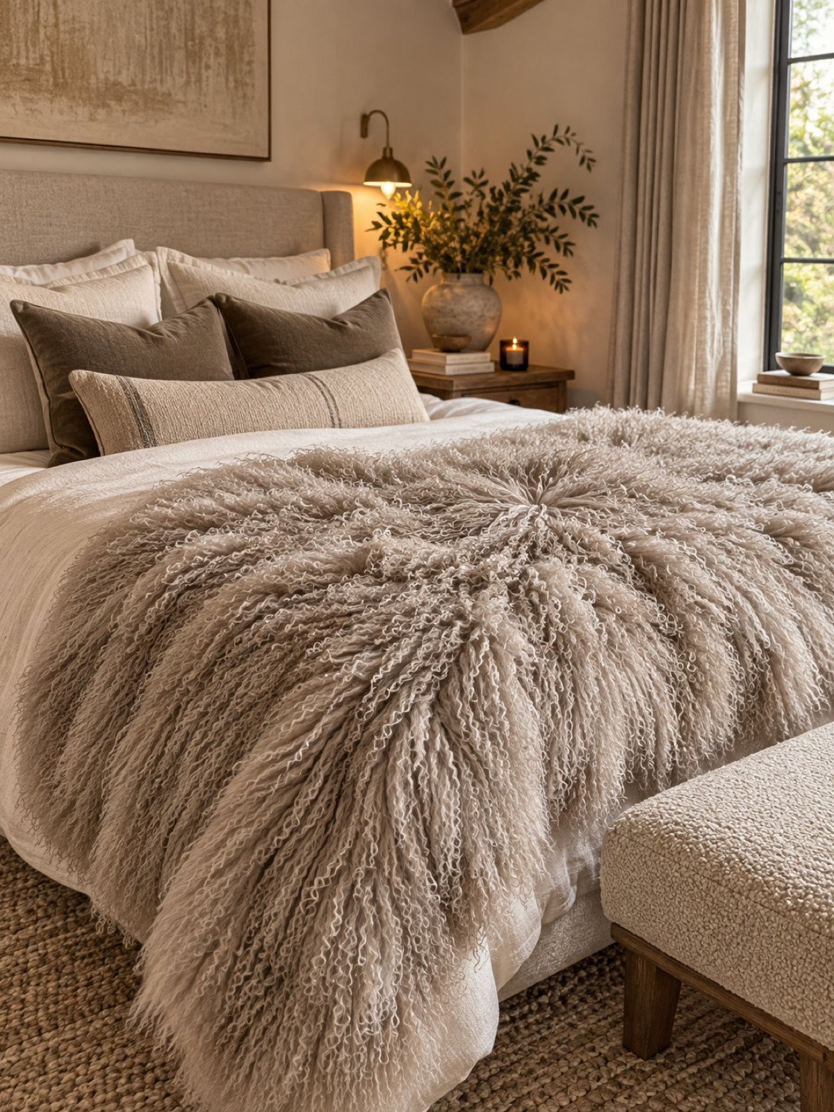 Handmade almond Mongolian fur throw draped over a super king bed