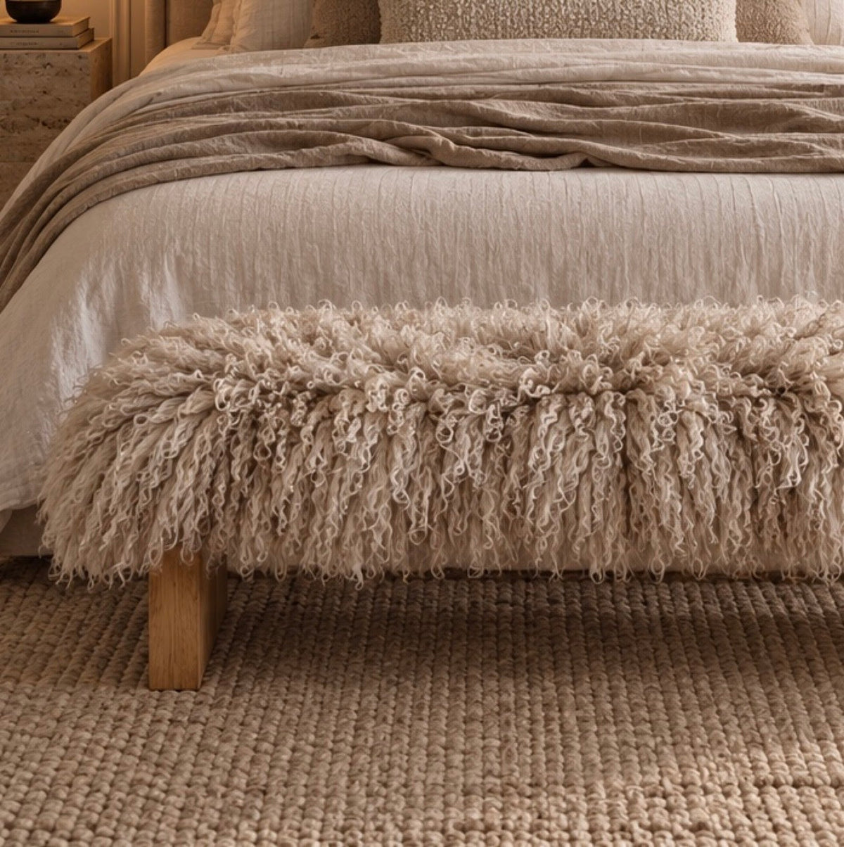 Close-up of a handmade almond Mongolian fur block leg bench on medium oak legs