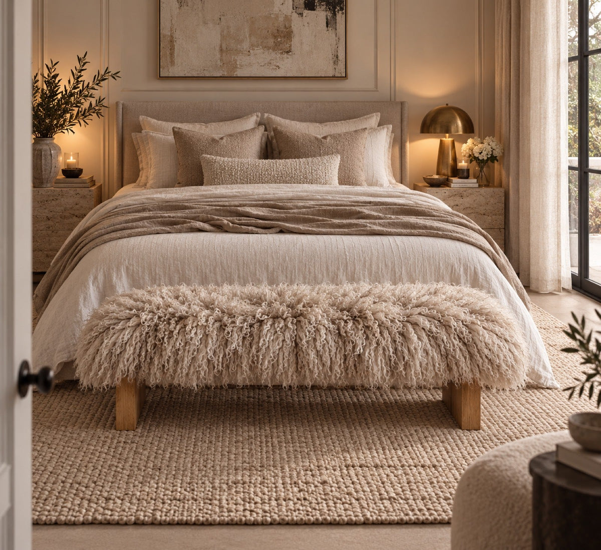 Handmade almond Mongolian fur block leg bench on medium oak legs at the end of a queen bed