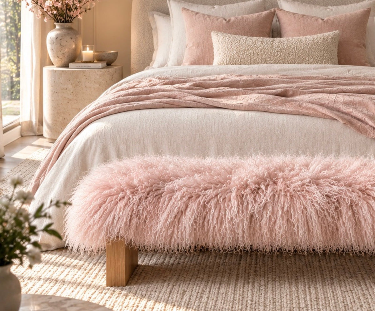 Close-up of a handmade blush pink Mongolian fur block leg bench at the foot of a queen bed