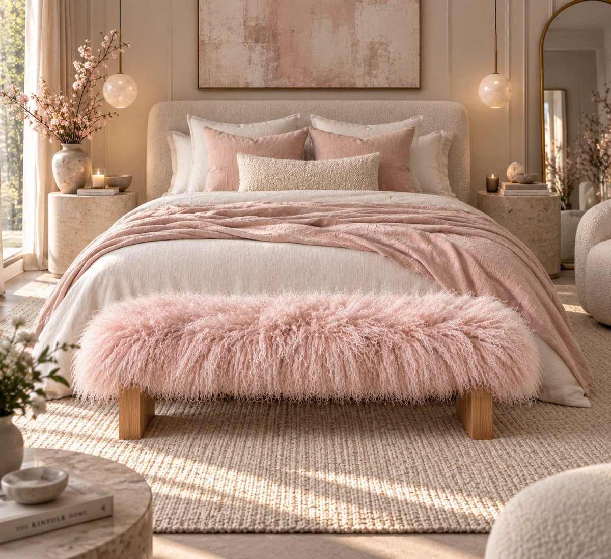 Handmade blush pink Mongolian fur block leg bench on medium oak legs at the end of a queen bed