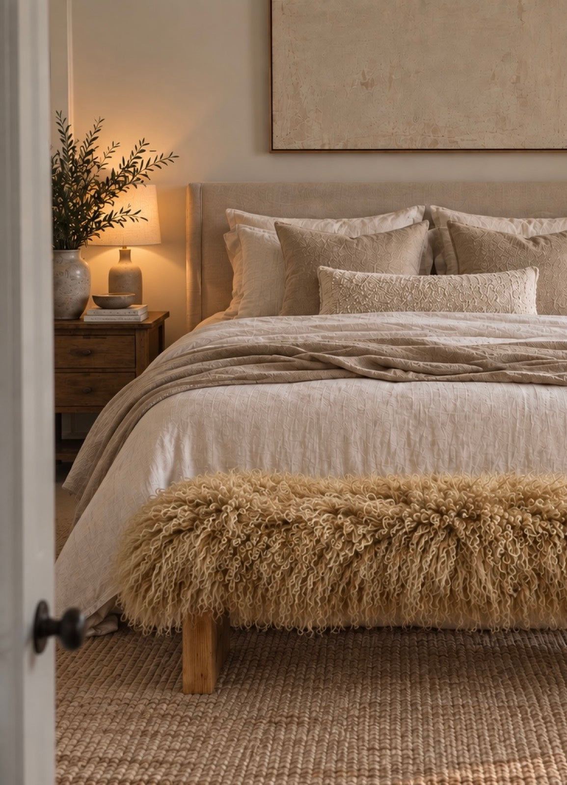 Close-up of a handmade creme caramel Mongolian fur block leg bench at the foot of a queen bed