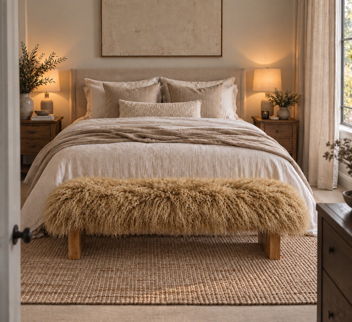Handmade creme caramel Mongolian fur block leg bench on medium oak legs at the end of a queen bed