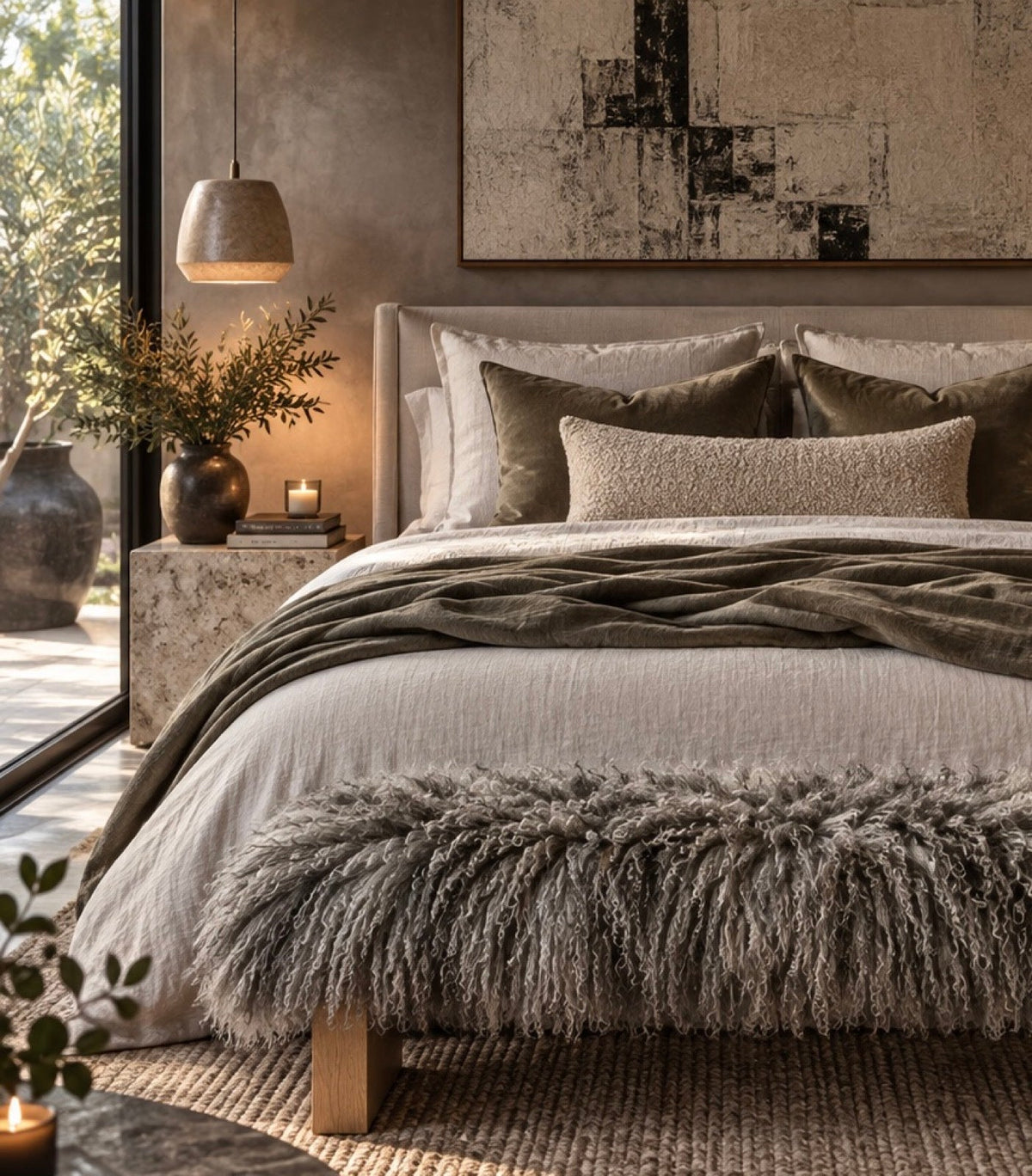 Close-up of a handmade grey Mongolian fur block leg bench at the foot of a queen bed