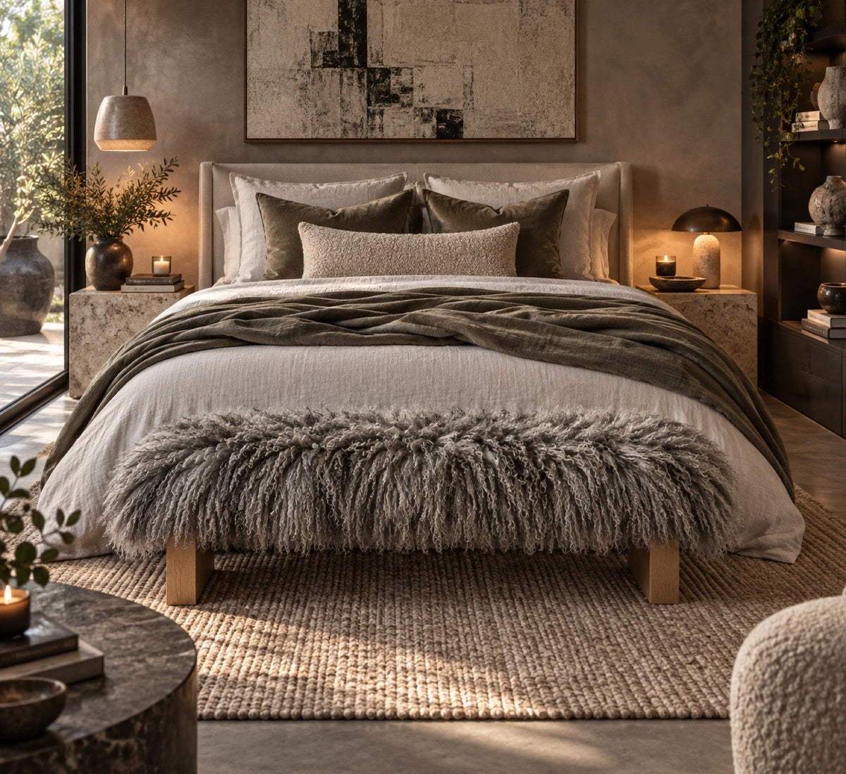 Handmade grey Mongolian fur block leg bench on medium oak legs at the end of a queen bed