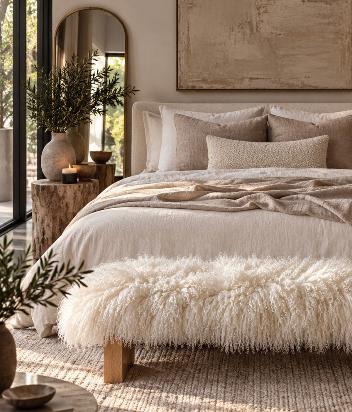 Close-up of a handmade white Mongolian fur block leg bench at the foot of a queen bed