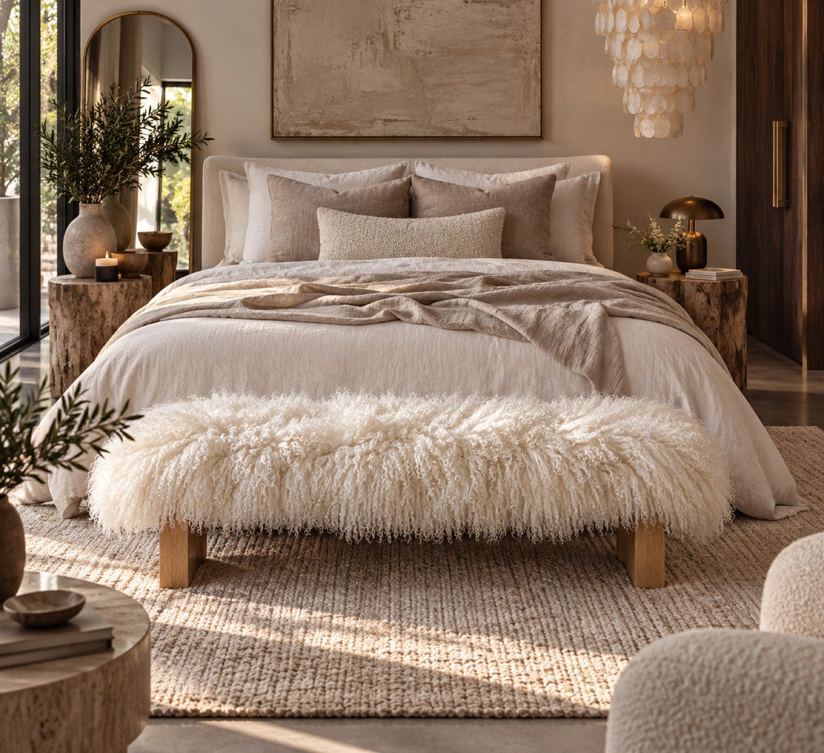 Handmade white Mongolian fur block leg bench on medium oak legs at the end of a queen bed