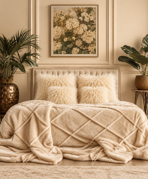 Cream Mongolian fur cushions, 45cm and 60cm, styled on a panelled bed with a matching velvet throw [main] [shade: Cream]