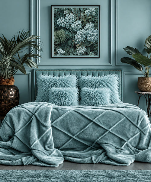 Duck egg Mongolian fur cushions, 45cm and 60cm, styled on a panelled bed with a matching velvet throw [main] [shade: Duck Egg]