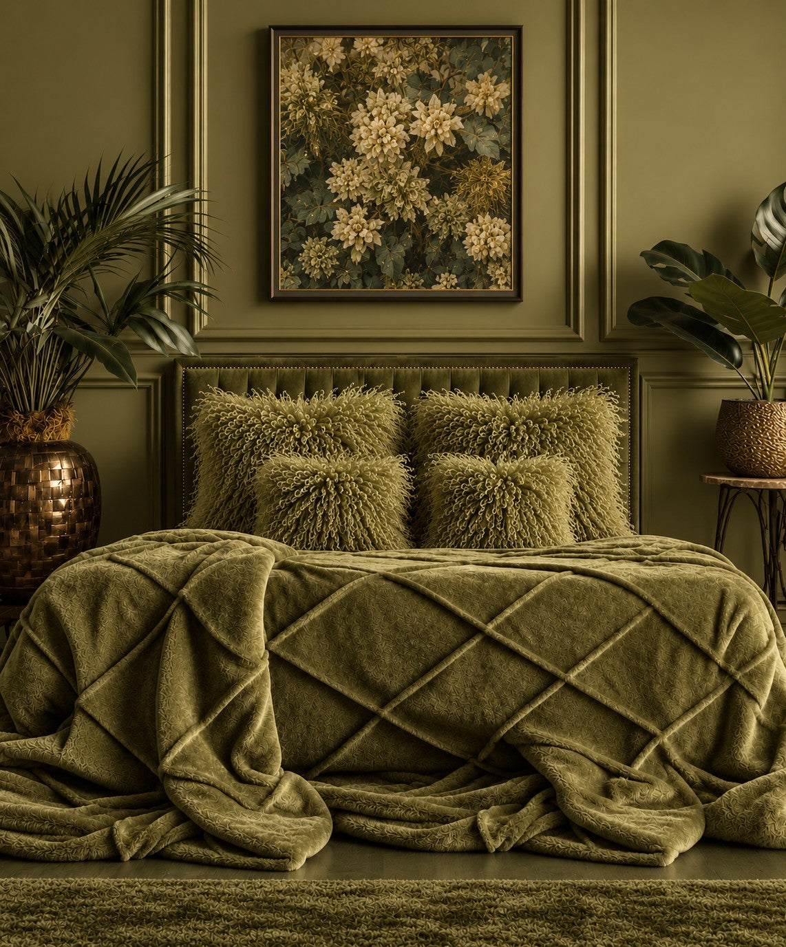 Olive green Mongolian fur cushions, 45cm and 60cm, styled on a panelled bed with a matching velvet throw