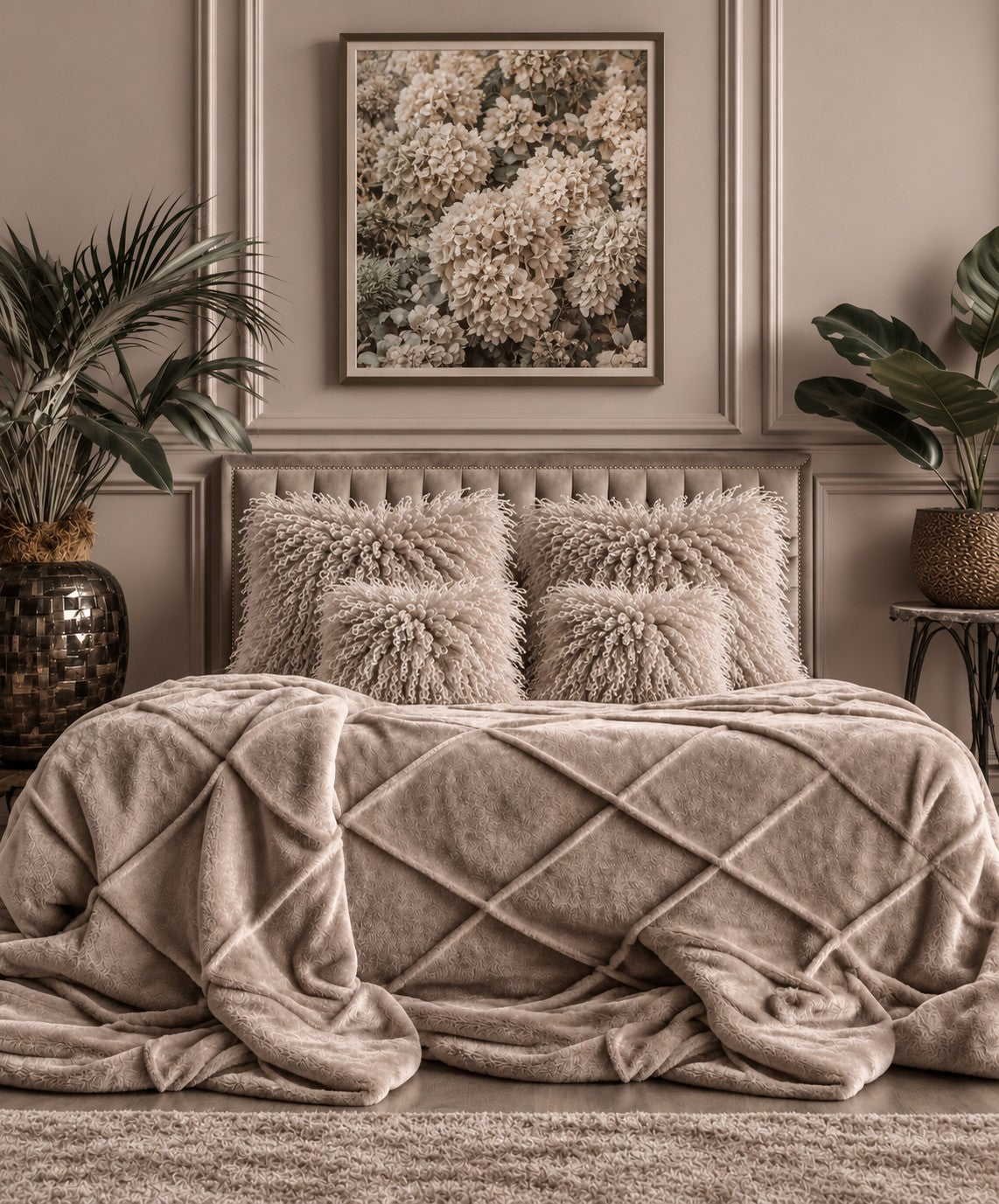 Oyster Mongolian fur cushions, 45cm and 60cm, styled on a panelled bed with a matching velvet throw
