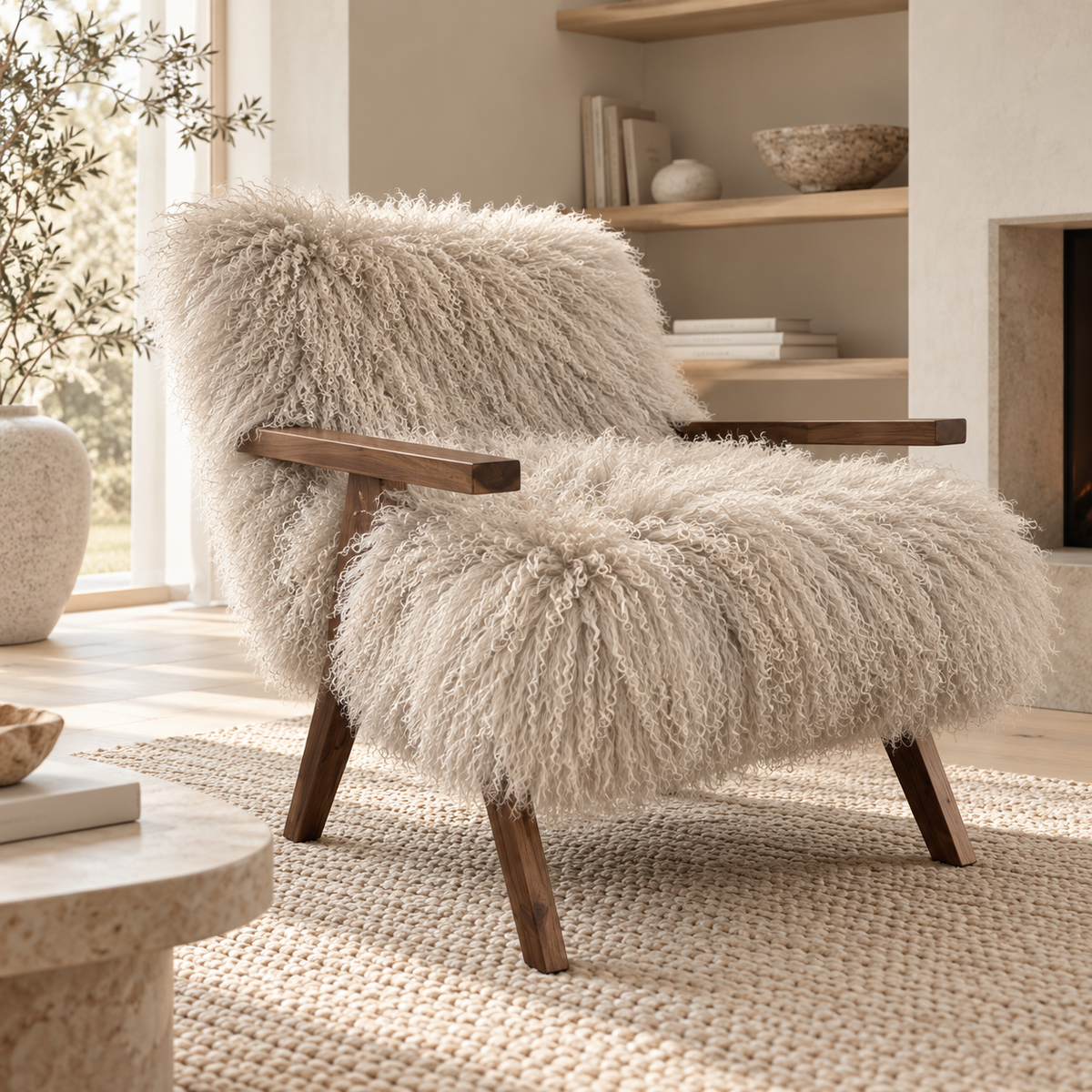 Handmade oyster Mongolian fur lounge chair with solid wood frame in a neutral living room