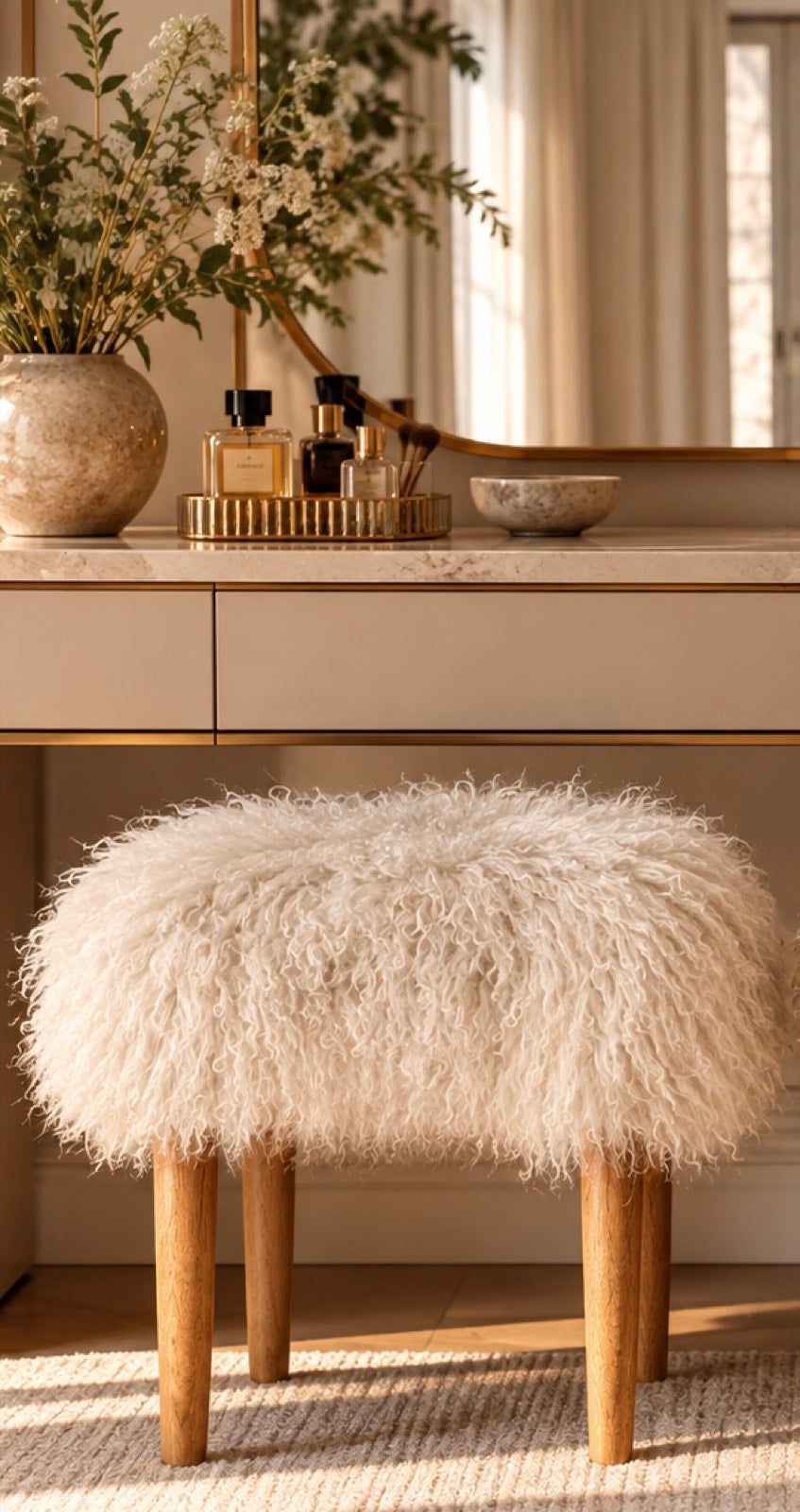 Handmade natural Mongolian fur rectangle footstool on sand oak tapered legs beneath a dressing table