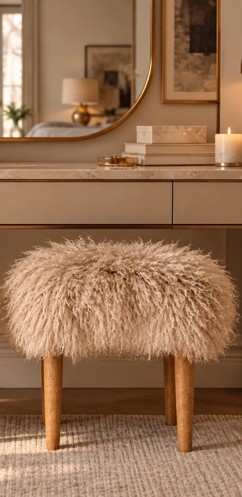 Handmade almond Mongolian fur rectangle footstool on sand oak tapered legs beneath a dressing table