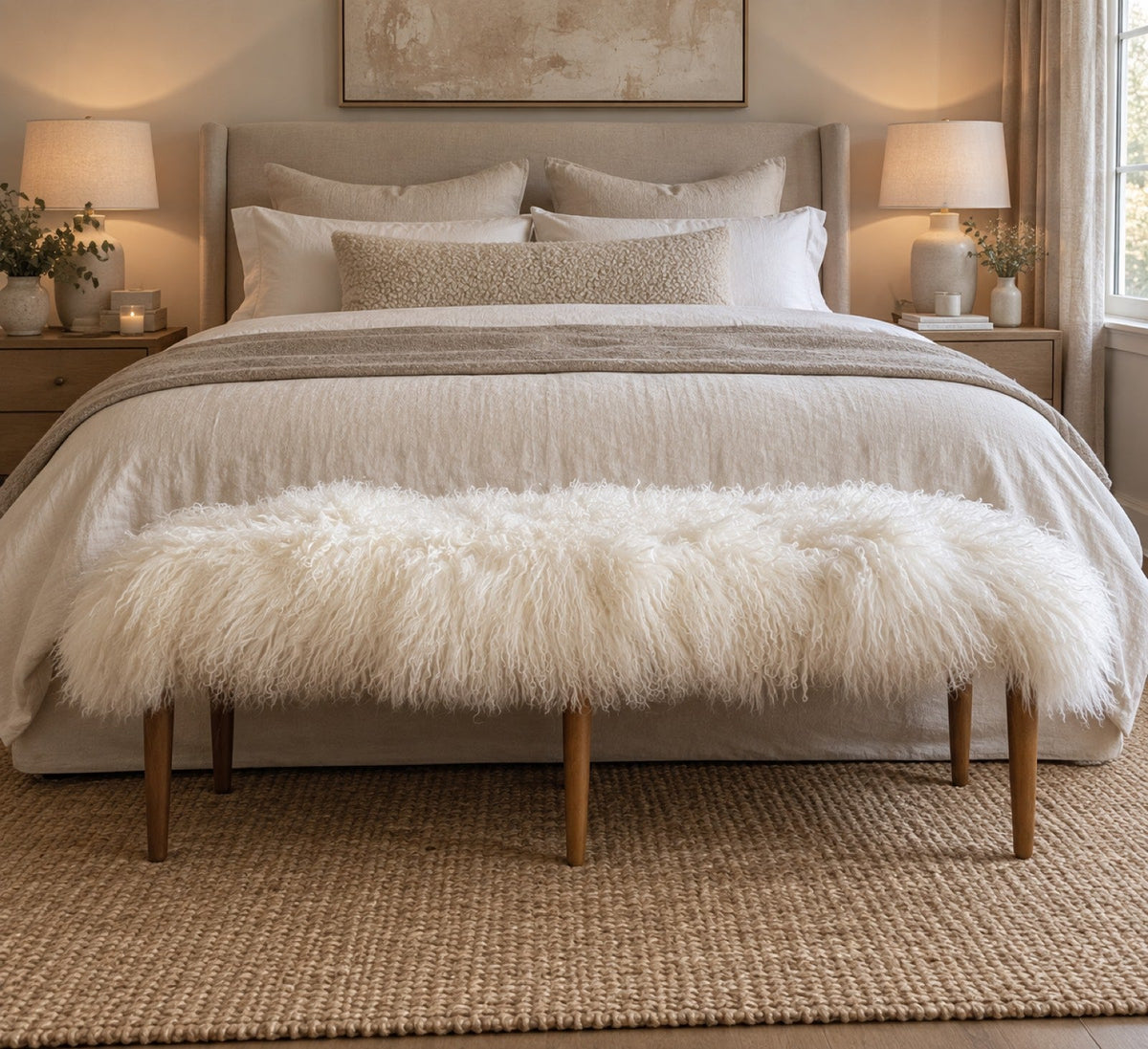 Handmade white Mongolian fur tapered leg bench at the end of a queen bed in a neutral bedroom