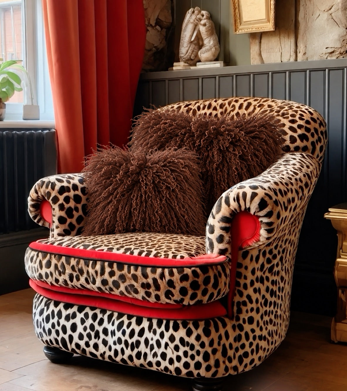 Brown Mongolian fur cushions, 45cm and 60cm, on a leopard print armchair - handmade chocolate brown curly fur cushions