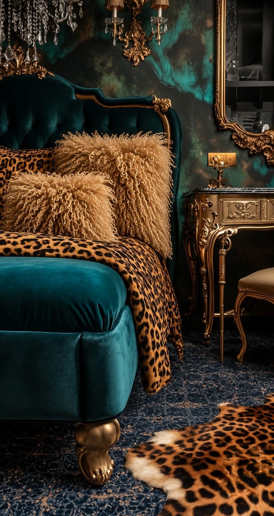 Camel Mongolian fur cushions, 45cm and 60cm, on a teal velvet bed with a leopard throw - handmade warm camel curly lamb fur cushions