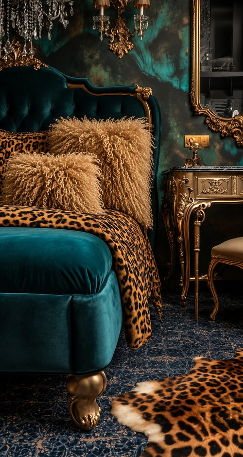Camel Mongolian fur cushions, 45cm and 60cm, on a teal velvet bed with a leopard throw - handmade warm camel curly lamb fur cushions [main] [shade: Camel]