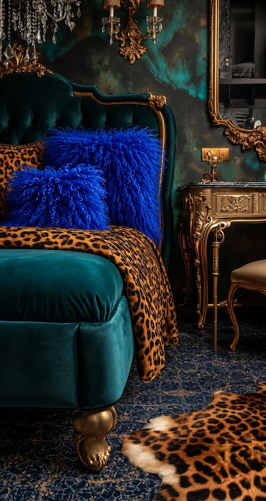 Royal blue Mongolian fur cushions, 45cm and 60cm, on a teal velvet bed with a leopard throw - handmade electric blue fluffy cushions for a maximalist bedroom