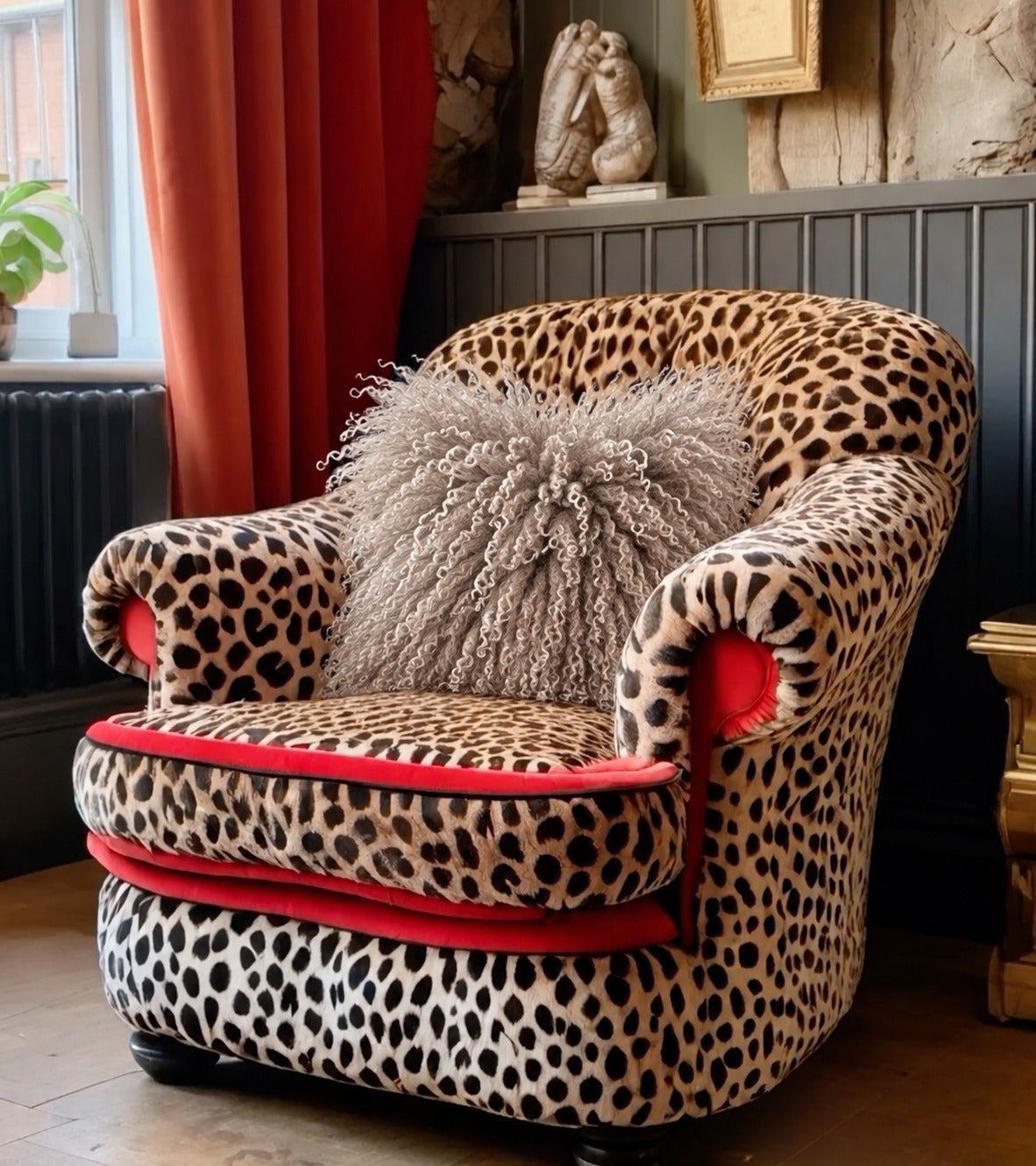 Stone Mongolian fur cushion, 45cm, on a leopard print armchair - handmade soft grey-beige curly lamb fur cushion