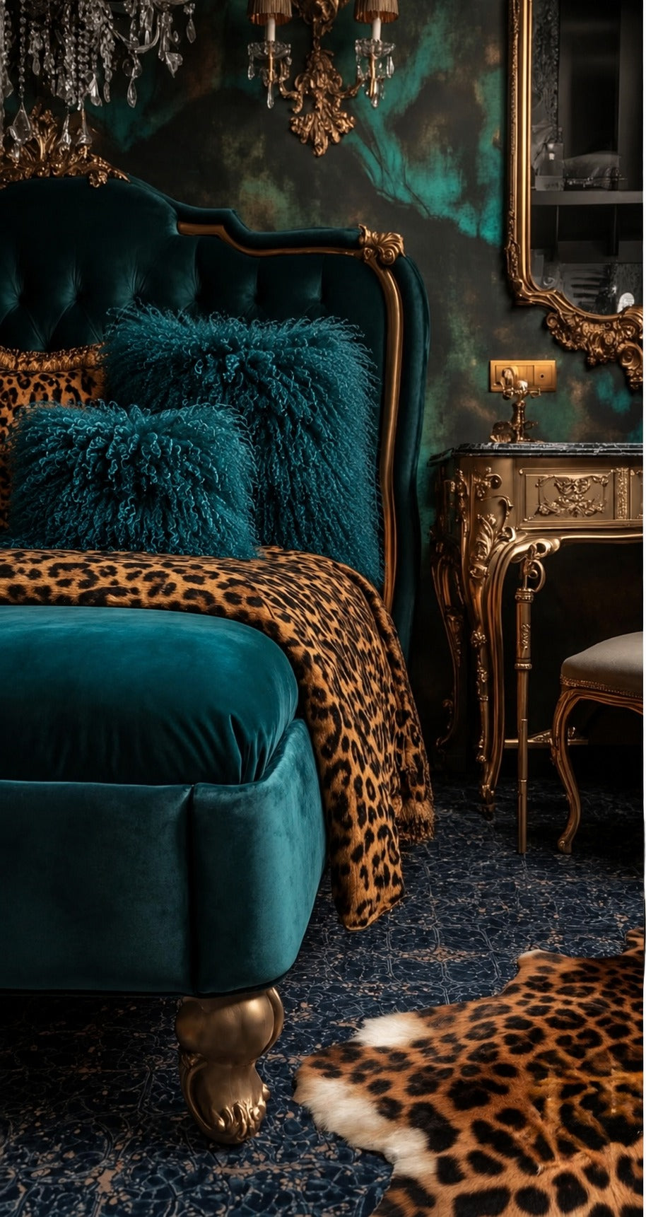 Teal Mongolian fur cushions, 45cm and 60cm, on a teal velvet bed with gold and leopard print - handmade fluffy statement cushions