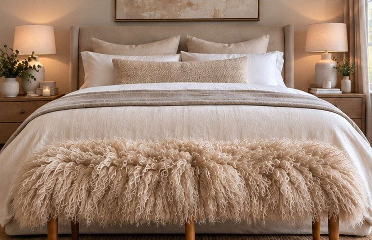 Handmade creme caramel Mongolian fur tapered leg bench at the end of a queen bed in a neutral bedroom