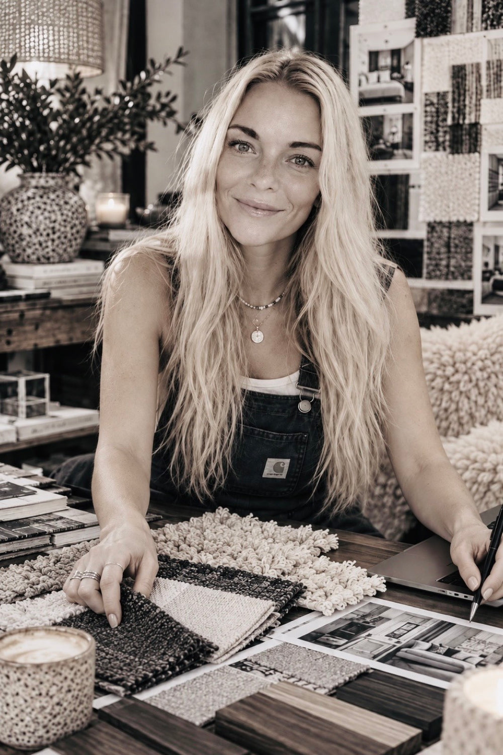 Harley, founder of Design & Hyde, at the studio table with fur and wood samples