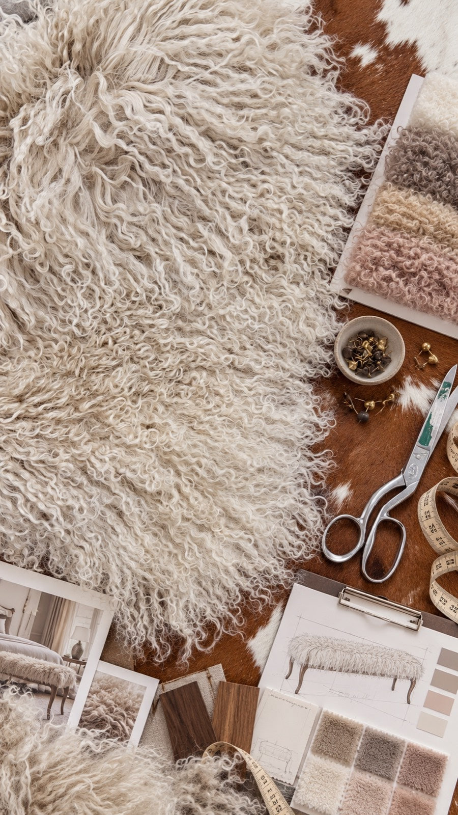 The studio table: Mongolian fur, shade swatches, walnut samples, shears, tape measure and a bench sketch